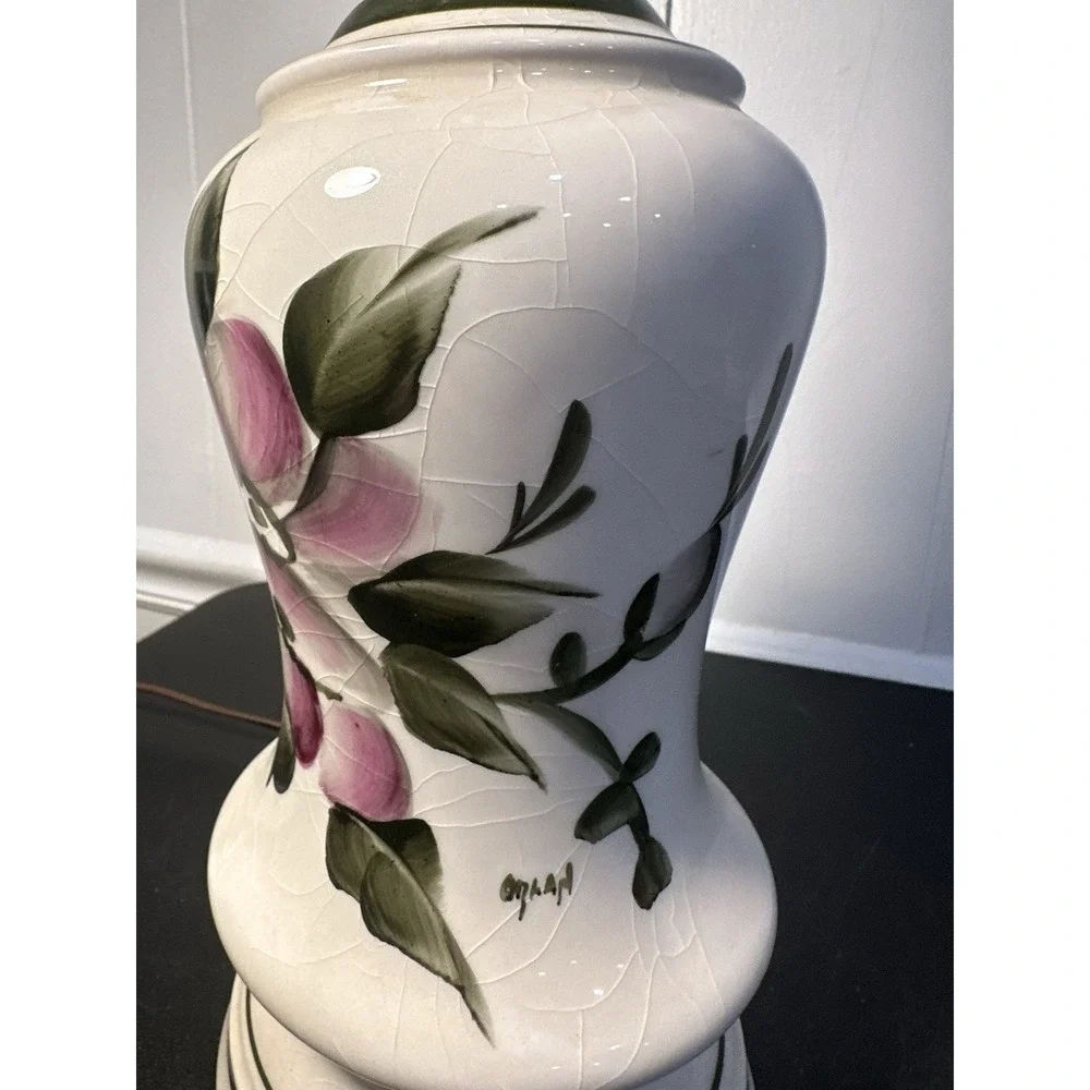 VTG Hand-Painted Crackle Ceramic Table Lamp Pink Floral Brass Hollywood Regency‎